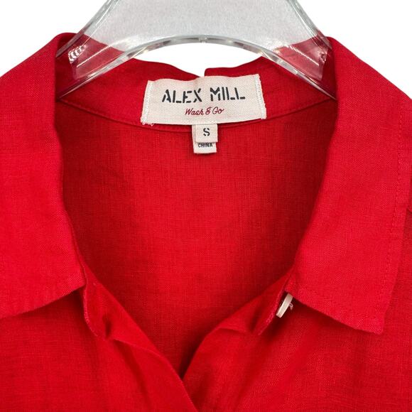 Alex Mill Bright Solid Red 100% Linen Short Sleeve Button Up Utility Camp Shirt - Picture 9 of 10